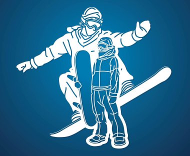 Extreme Sport Snowboard Oyuncuları Snowboardçu Karışık Eylem Çizgi Filmi Grafik Vektörü