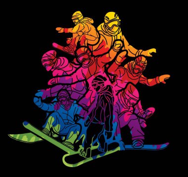 Extreme Sport Snowboard Oyuncuları Snowboardçu Karışık Eylem Çizgi Filmi Grafik Vektörü