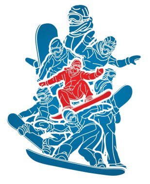 Extreme Spor Oyuncuları Siluet Grubu Snowboard Oyuncuları Snowboard Karışık Eylem Çizgi Filmi Grafik Vektörü