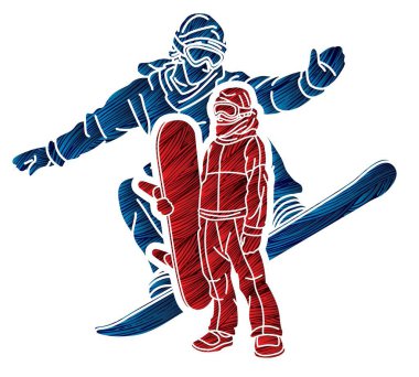 Extreme Spor Oyuncuları Siluet Grubu Snowboard Oyuncuları Snowboard Karışık Eylem Çizgi Filmi Grafik Vektörü