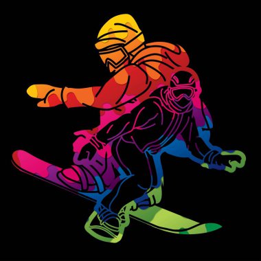Extreme Spor Oyuncuları Siluet Grubu Snowboard Oyuncuları Snowboard Karışık Eylem Çizgi Filmi Grafik Vektörü