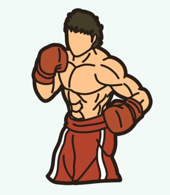Boks Spor Boksu Muay Thai Boksörü Aksiyon Çizgi Filmi Grafik Vektörüyle Savaşmaya Hazır