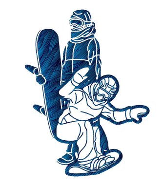 Snowboardcu Snowboard Oyuncuları Karışık Eylem Aşırı Spor Çizgi Filmi Grafik Vektörü