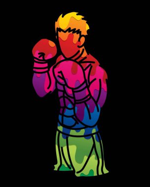 Kickbox Muay Thai boksör boks sporu Aksiyon Dövüşçüsüyle Savaşmaya Hazır Çizgi film Vektörü