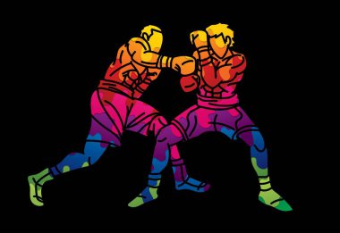 İki Boksör Dövüş Sporu Dövüş Kickboks Aksiyonu Muay Thai Çizgi Filmi Grafik Vektörü