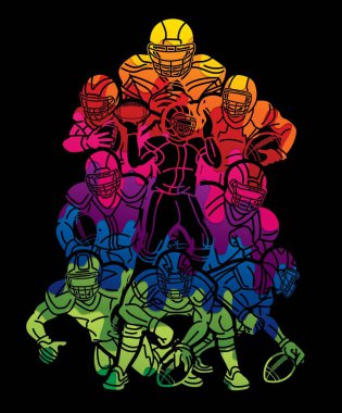 Amerikan Futbol Takımı Çizgi Film Oyuncuları Karıştırma Eylem Silüeti Grafik Vektörü