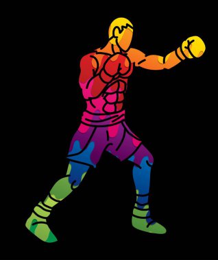 Boksör Yumruklama Eylemi Muay Thai Kickboks Spor Çizgi Filmi Grafik Vektörü