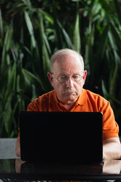 Hombre Mayor Pelo Gris Con Bigote Que Usa Anteojos Computadora — Foto de Stock