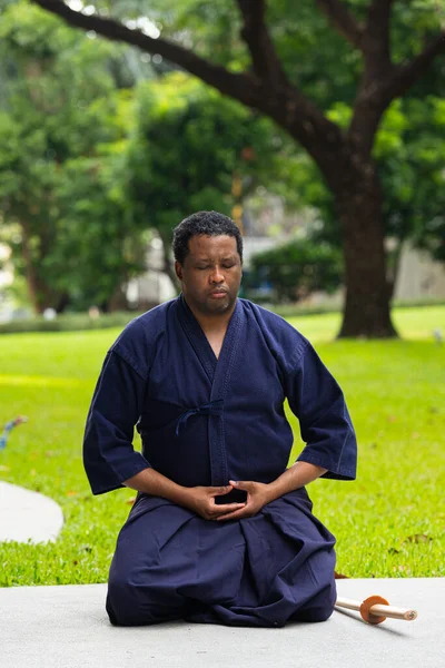 Portrait Handsome Black Martial Artist Man Martial Arts Costume Kendo — Stock Photo, Image