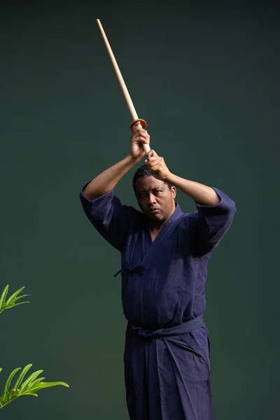 Egy Jóképű Fekete Harcművész Portréja Kendo Harcművészeti Jelmezben Stock Kép
