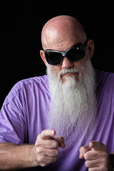 Portrait Man Long Gray Beard Wearing Purple Shirt Sunglasses Showing Stok Gambar Bebas Royalti