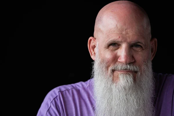 Portrait Man Long Gray Beard Wearing Purple Shirt Close Headshot Stok Gambar