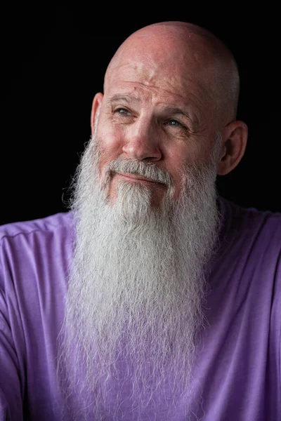 Portrait Man Long Gray Beard Wearing Purple Shirt Close Headshot Stock Image