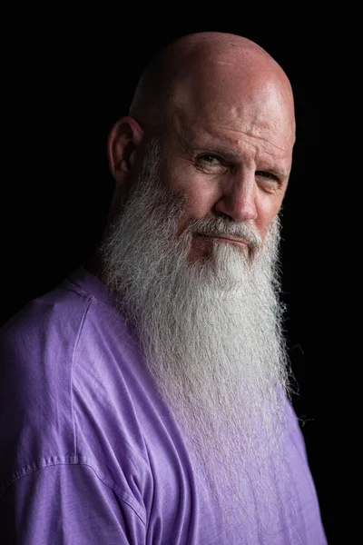 Portrait Man Long Gray Beard Wearing Purple Shirt Close Headshot Stok Foto Bebas Royalti