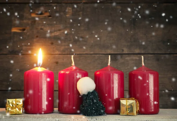 Four Red Advent Candles Rustic Wooden Background First Candle Burning — Stock Photo, Image