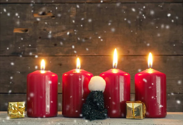 Four Red Advent Candles Rustic Wooden Background Fourth Candle Burning — Stock Photo, Image