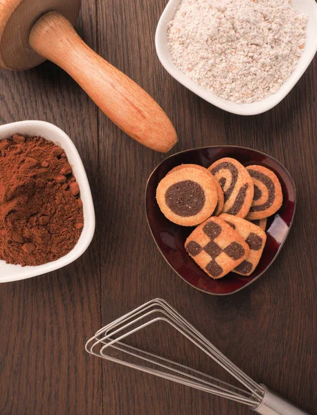 Black White Cookies Wooden Kitchen Table Baking Utensils — Stock Photo, Image