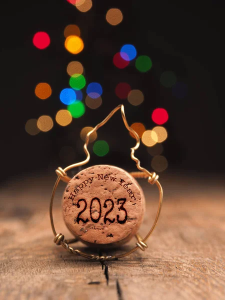 Pezsgős Üveg Dugója Felirattal Boldog Évet 2023 Újévet Koncepció Üdvözlőlap — Stock Fotó