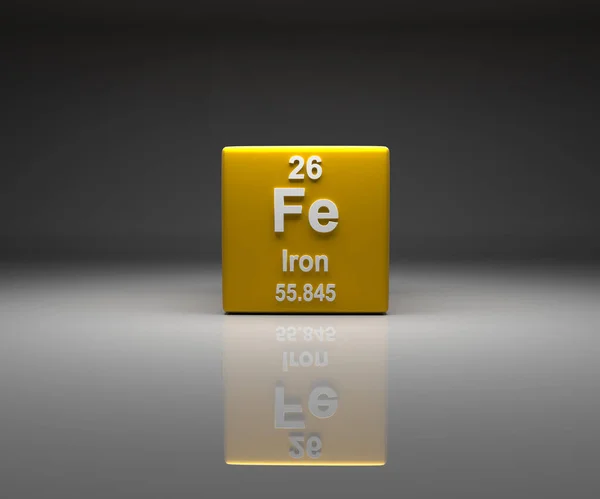 具有26号铁元素周期表的立方体 3D渲染 — 图库照片