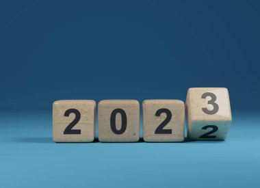 2022 ve 2023 yıllarında ahşap küplerin fırlatılması, yeni yıl konsepti, 3D yorumlama.