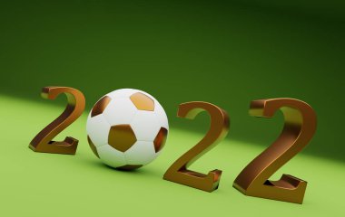 Altın futbol topu 2022 numaralı, yeşil arka planda, 3D renkte.