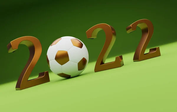 Złota Piłka Nożna Złotym Numerem Roku 2022 Zielonym Tle Renderowanie — Zdjęcie stockowe