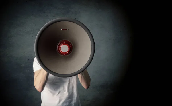 Young Man Holding Big Megaphone Speaking Loud Concept Dark Studio — Stock Photo, Image