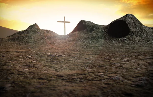 Wielki Krzyż Wzgórzu Zmartwychwstanie Jezusa Chrystusa Ukrzyżowanie Wschód Słońca Technika — Zdjęcie stockowe