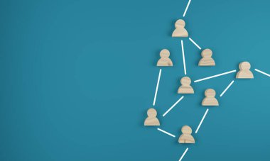 Metin için alanı olan mavi bir arkaplan üzerinde soyut takım çalışması, ağ ve topluluk kavramı, 3d oluşturma