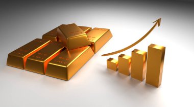 Gri arka planda yükselen bir okla altın külçeleri istiflenmiş, 3D görüntüleme, finansal konsept