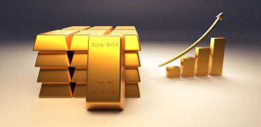 Gri arka planda yükselen bir okla altın külçeleri istiflenmiş, 3D görüntüleme, finansal konsept