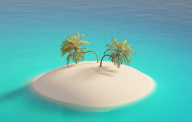Turkuaz bir okyanusta iki palmiye ağacı olan boş tropikal ada, tatil ya da seyahat konsepti, 3D görüntüleme