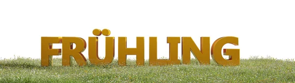 Das Deutsche Wort Frühling Mit Fotorealistischem Grashügel Auf Weißem Hintergrund — Stockfoto