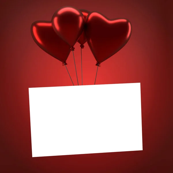 Vier Glanzende Ballonnen Met Een Blanco Kaart Een Rode Helling — Stockfoto
