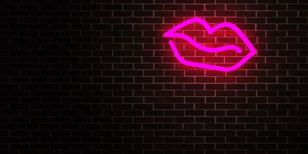 Rosa Glödande Neon Ljusa Läppar Tegelvägg Med Plats För Din — Stockfoto