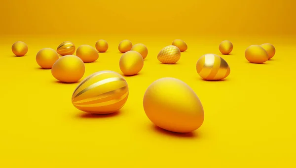 Muitos Ovos Amarelos Páscoa Com Ovo Dourado Fundo Amarelo Fundo — Fotografia de Stock