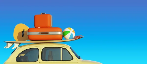 Retro Small Car Surfboard Travel Suitcases Front Blue Sky Background — Stock Photo, Image