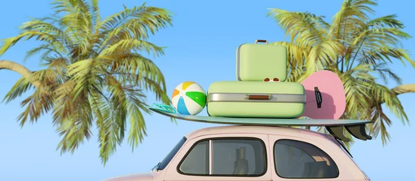 复古小车与冲浪板和旅行箱前面的蓝天和棕榈树 旅游概念 3D渲染 — 图库照片