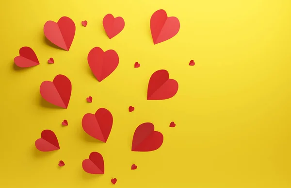 Formas Corazón Rojo Sobre Fondo Amarillo Día San Valentín Fondo — Foto de Stock