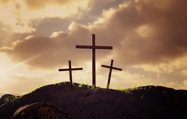 Trzy Krzyże Wzgórzu Zmartwychwstanie Jezusa Chrystusa Ukrzyżowanie Wschód Słońca Renderowanie — Zdjęcie stockowe