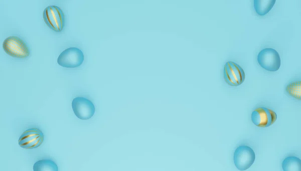 青い背景に金色の卵を持つ多くの青いイースターの卵 現代のイースターの背景 3Dレンダリング — ストック写真