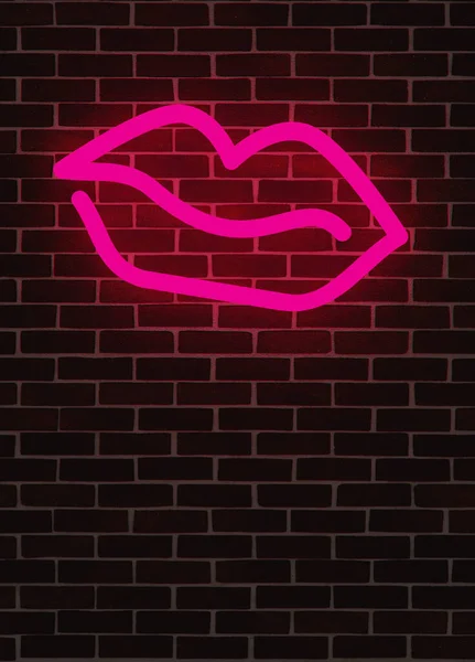 Rosa Leuchtende Neonlicht Lippen Auf Einer Ziegelwand Mit Platz Für — Stockfoto