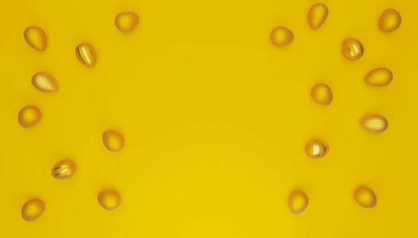 Viele Gelbe Ostereier Mit Goldenem Auf Gelbem Hintergrund Moderner Osterhintergrund — Stockfoto