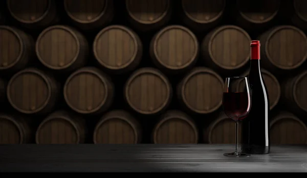 素朴な木製のテーブルの上にボトルと赤ワインのガラス 背景にワイン樽 テキスト 混合メディア 3Dレンダリングのためのスペース — ストック写真