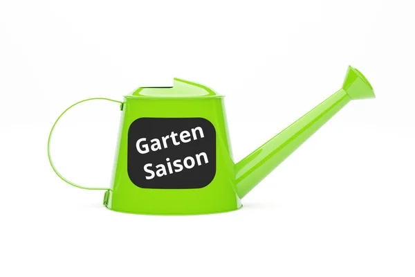Green Metal Watering Can German Words Gardening Season White Background — Stock Photo, Image