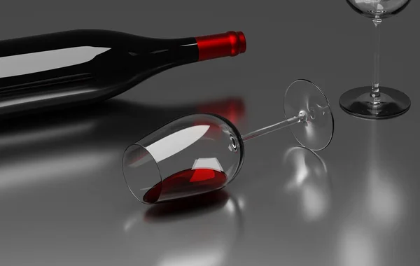 Glas Rött Vin Med Flaska Ett Mörkt Reflekterande Bord Rendering — Stockfoto