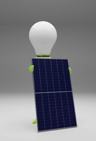 Una Bombilla Con Panel Solar Sobre Fondo Gris Concepto Energía — Foto de Stock