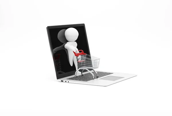 Kleine Figur Mit Einkaufswagen Auf Laptop Computer Weißer Hintergrund Darstellung — Stockfoto