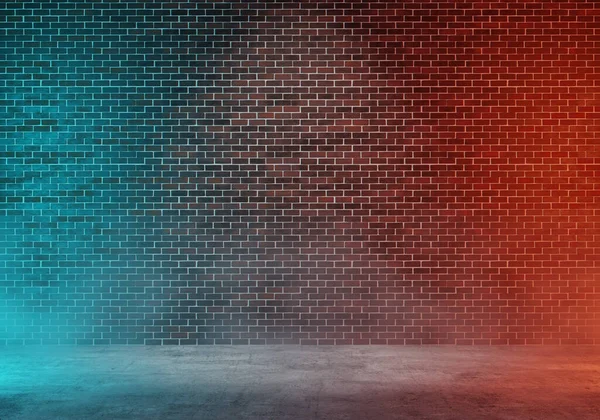 深色砖墙走廊 蓝色和橙色灯光为背景 中间点亮灯光 3D渲染 — 图库照片