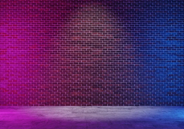 深色砖墙走廊 蓝色和粉色灯饰为背景 中间点灯 3D渲染 — 图库照片